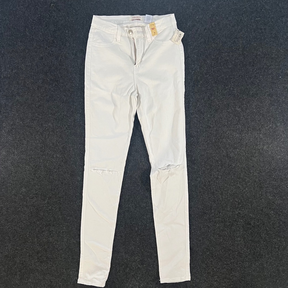 Vibrant M.I.U. Ripped Knee Skinny Jeans Womens 7 White High Waist Distressed Y2K
